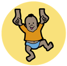 The circle icon for Caring for Babies & Young Children Prevention - an illustration of a pair of hands helps a toddler in an orange shirt and blue nappy walk.