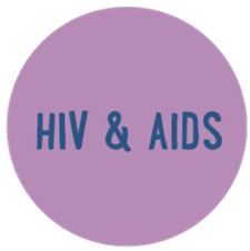 The words HIV & AIDS in blue on a purple background.