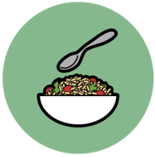 The circle icon for Nutrition - an illustration of a bowl of food (rice and vegetables) with a spoon on a green background.