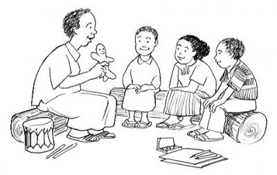 A trio of children sit on a log looking at a teacher who is explaining something with a doll.
