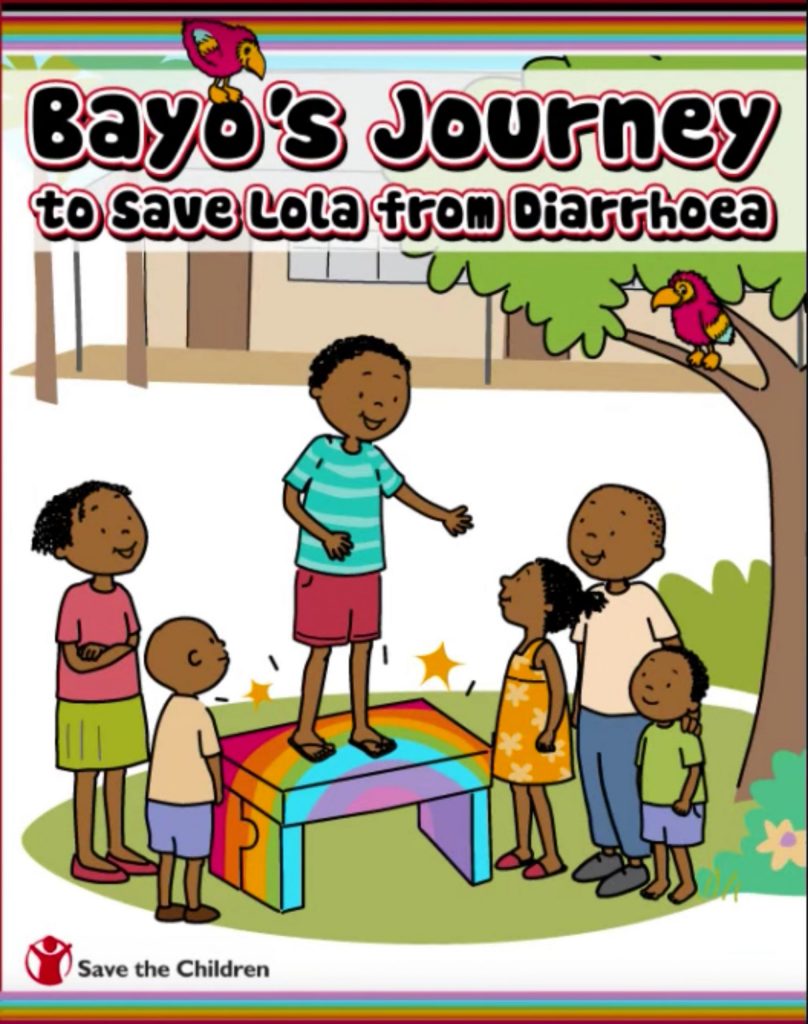 Bayo's Journey storybook cover. Bayo stands on a rainbow coloured bench talking to a group of five - three children and two adolescents.