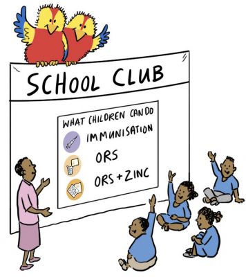 Four children learn about diarrhoea treatments from a teacher during a school club.