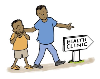 An older child guides a young child who is clearly in pain towards a health clinic