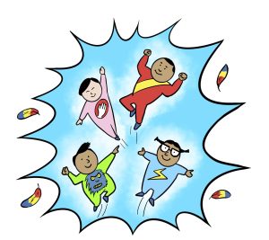 A cartoon image of four children as super heros