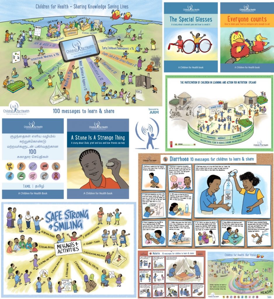 A collage of Children for Health materials featuring the covers of our 100 Messages poster, The Special Glasses storybook, Everyone Counts storybook, the 100 Messages booklet in Tamil, A Stone is a Strange Thing storybook, Diarrhoea poster, Stafe, Strong & Smiling poster, Malaria poster and our Vision poster.