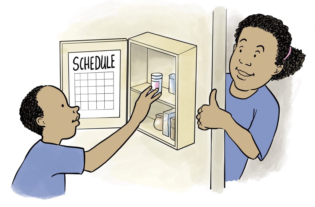 A child opens their medicine cabinet with their treatment schedule posted to the door, their parent looks on with a thumbs up and a smile.