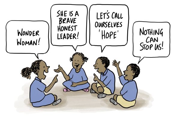 Four children discuss super heros and feeling confident