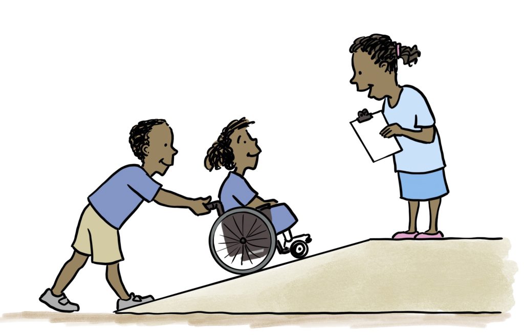A smiling girl in a wheelchair is being pushed by a smiling boy towards a teacher holding a clip board.