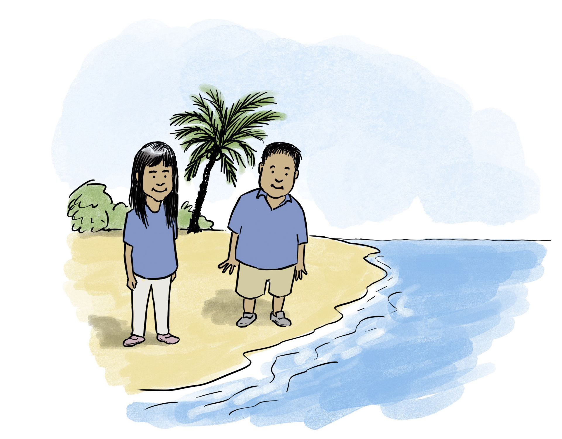 Queenie and Henry (from My Hero) stand on a beach together, smiling.