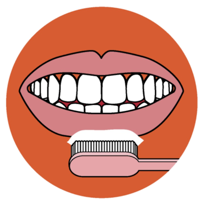 A toothbrush with toothpaste is held in front of a mouth on a red background.